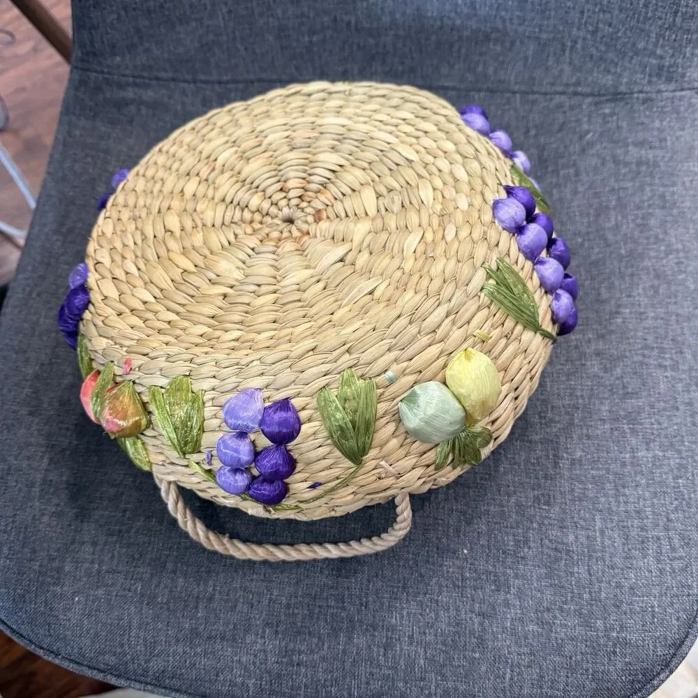 Vintage Hand Woven Fruit Basket Circular Colorful Picnic Basket